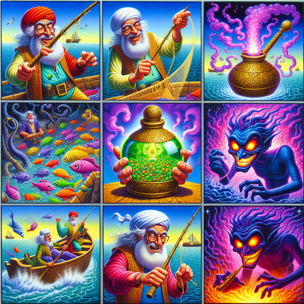 Colorful cartoon storyboard showing 8 key scenes from The Fisherman and the Jinni