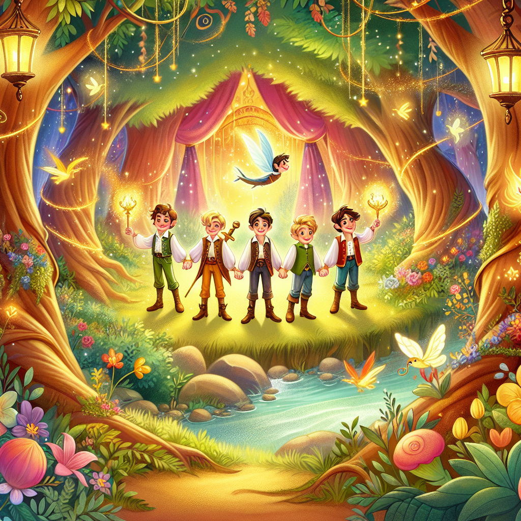 Colorful children's illustration for the story: The Five Brothers