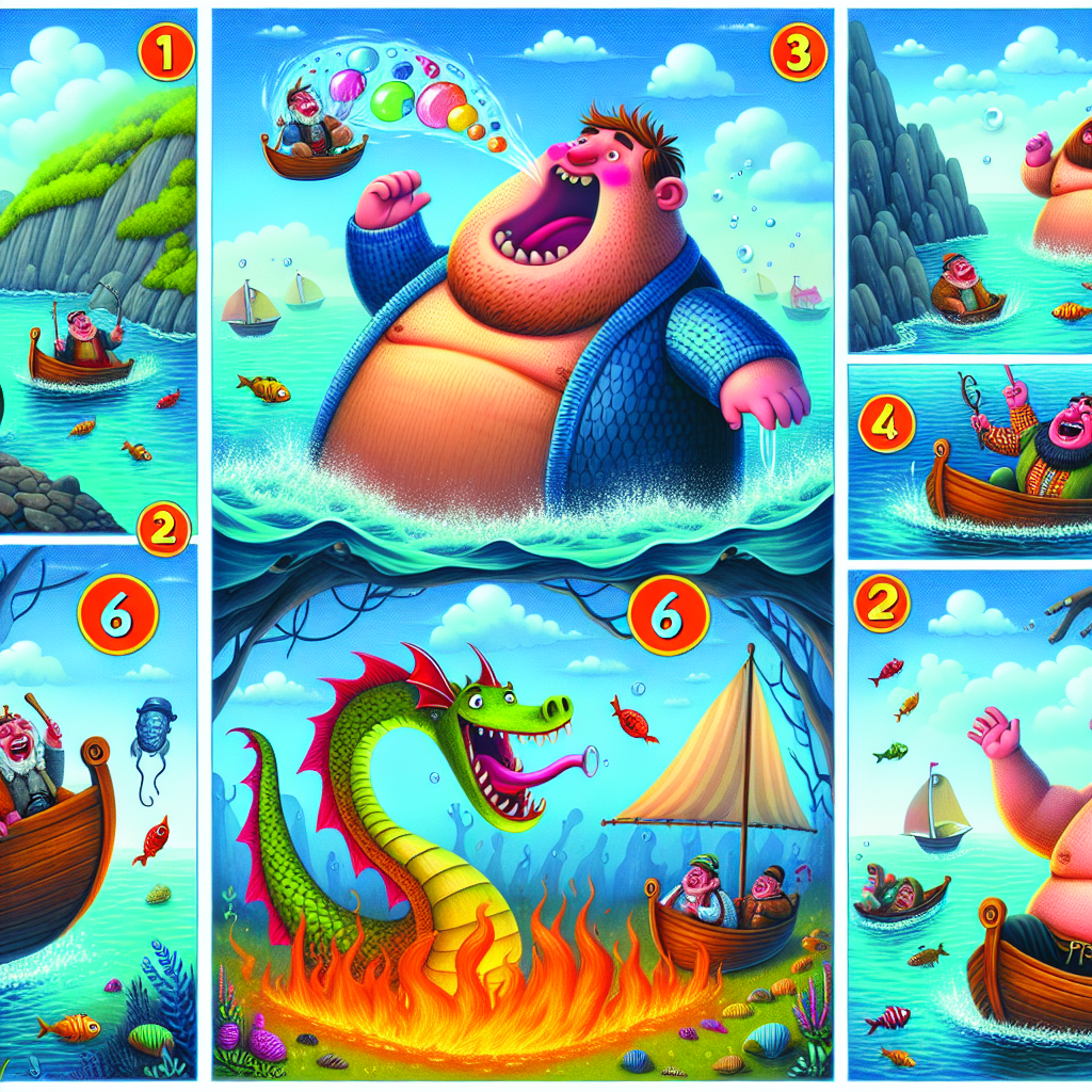 Colorful cartoon storyboard showing 8 key scenes from The Five Brothers