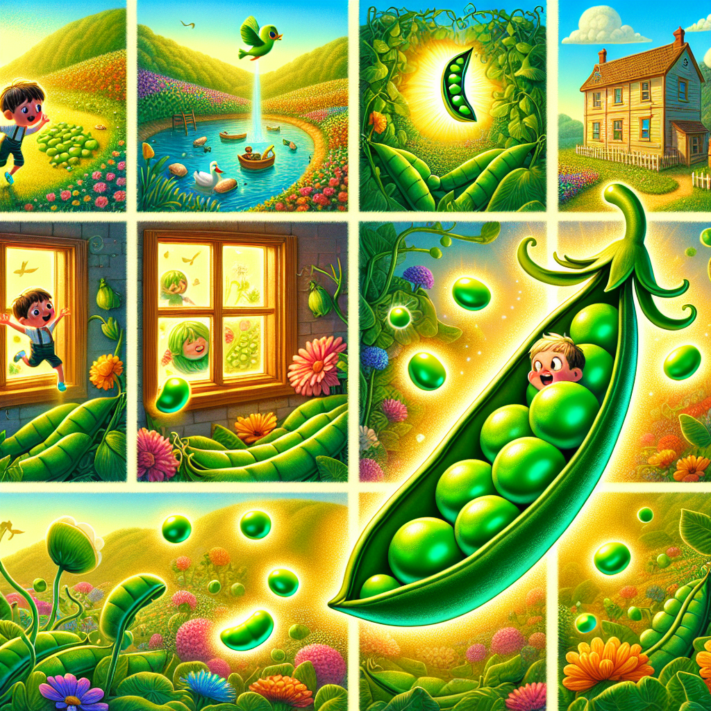 Colorful cartoon storyboard showing 8 key scenes from The Peas in the Pod