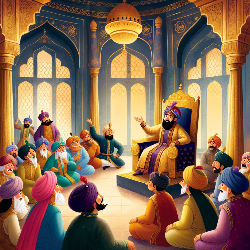 Colorful children's illustration for the story: The Five Questions of Akbar of Akbar of Akbar