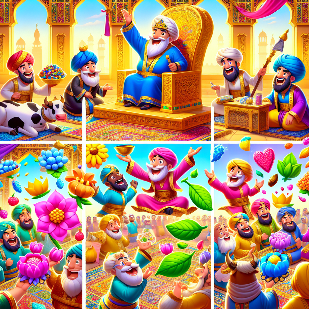 Colorful cartoon storyboard showing 8 key scenes from The Five Questions of Akbar of Akbar of Akbar of Akbar