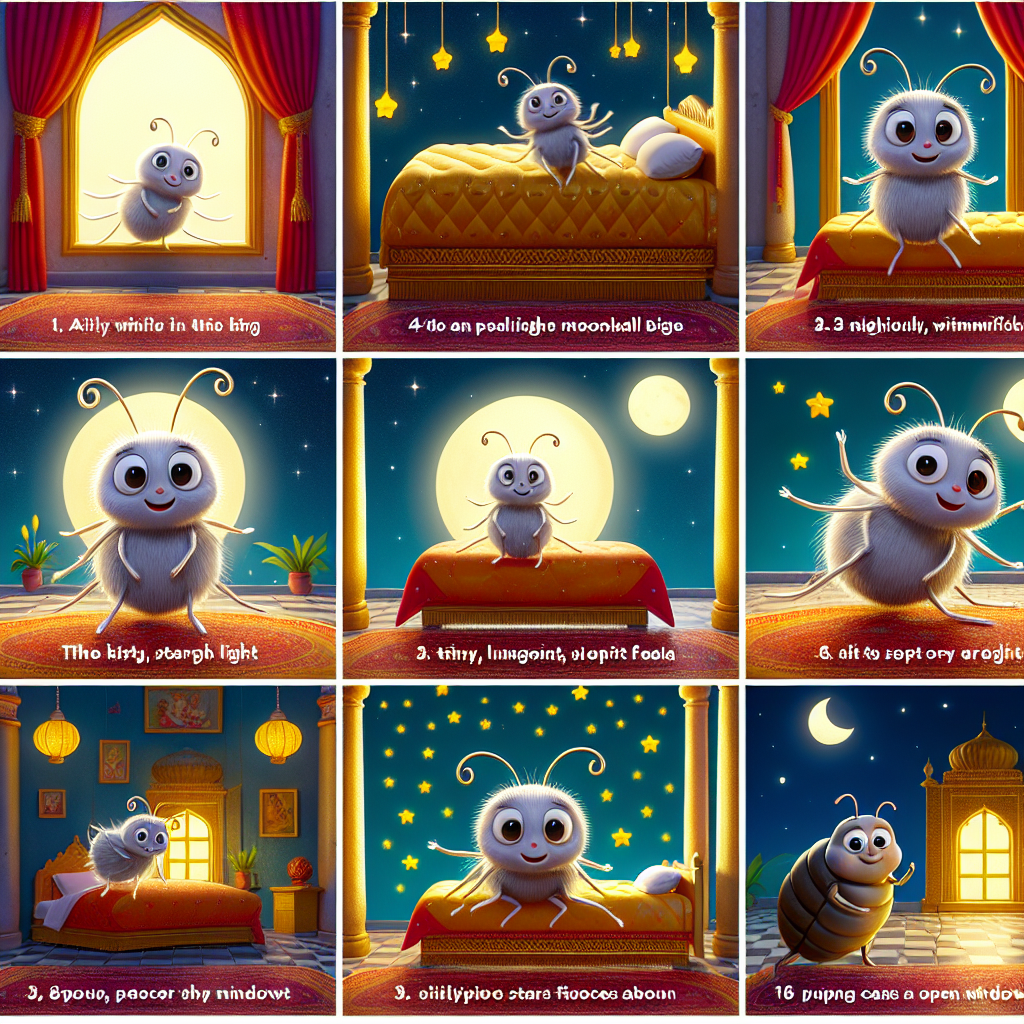 Colorful cartoon storyboard showing 8 key scenes from The Flea and the Man