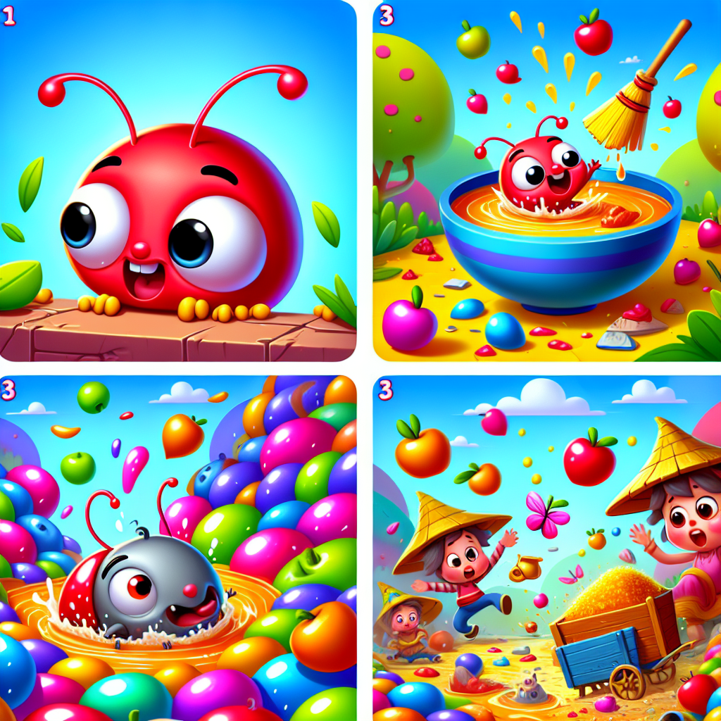 Colorful cartoon storyboard showing 8 key scenes from The Flea That Caused a Flood