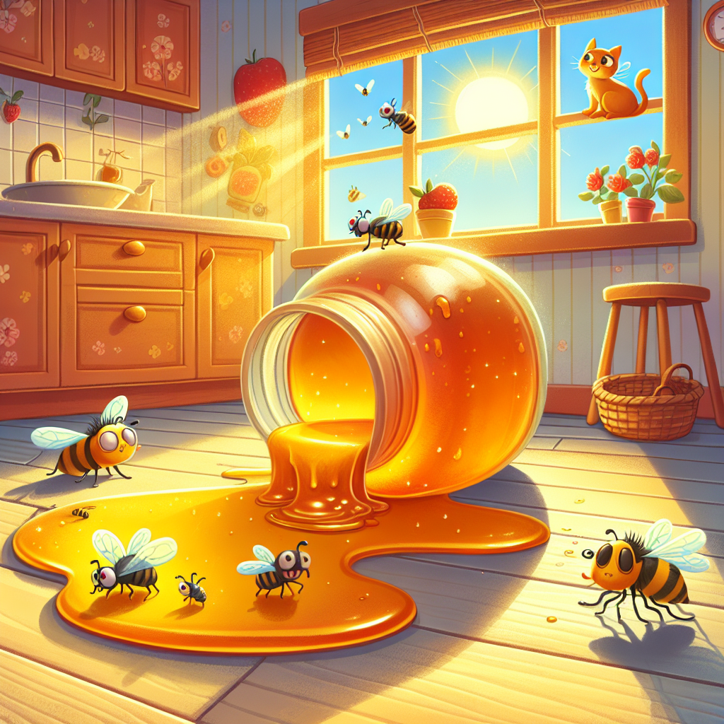 Colorful children's illustration for the story: The Flies and the Honey