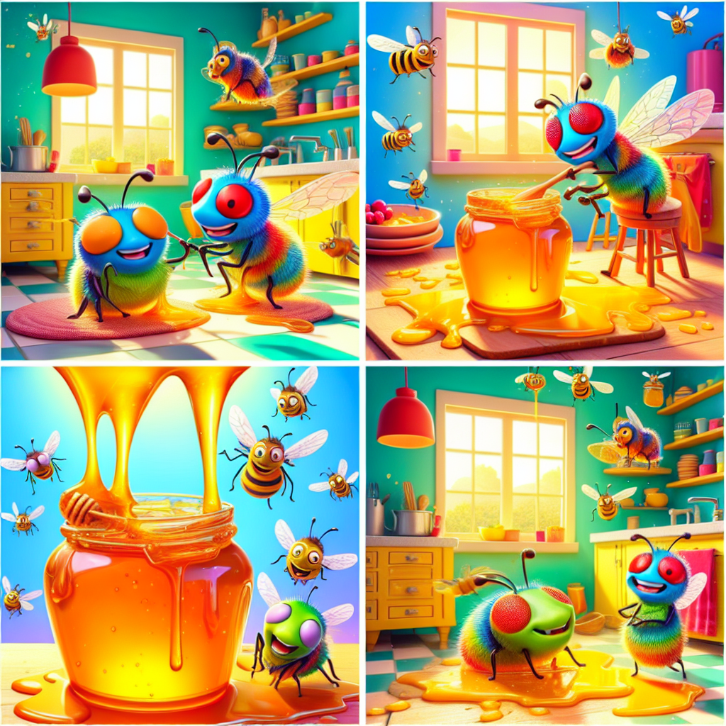 Colorful cartoon storyboard showing 8 key scenes from The Flies and the Honey