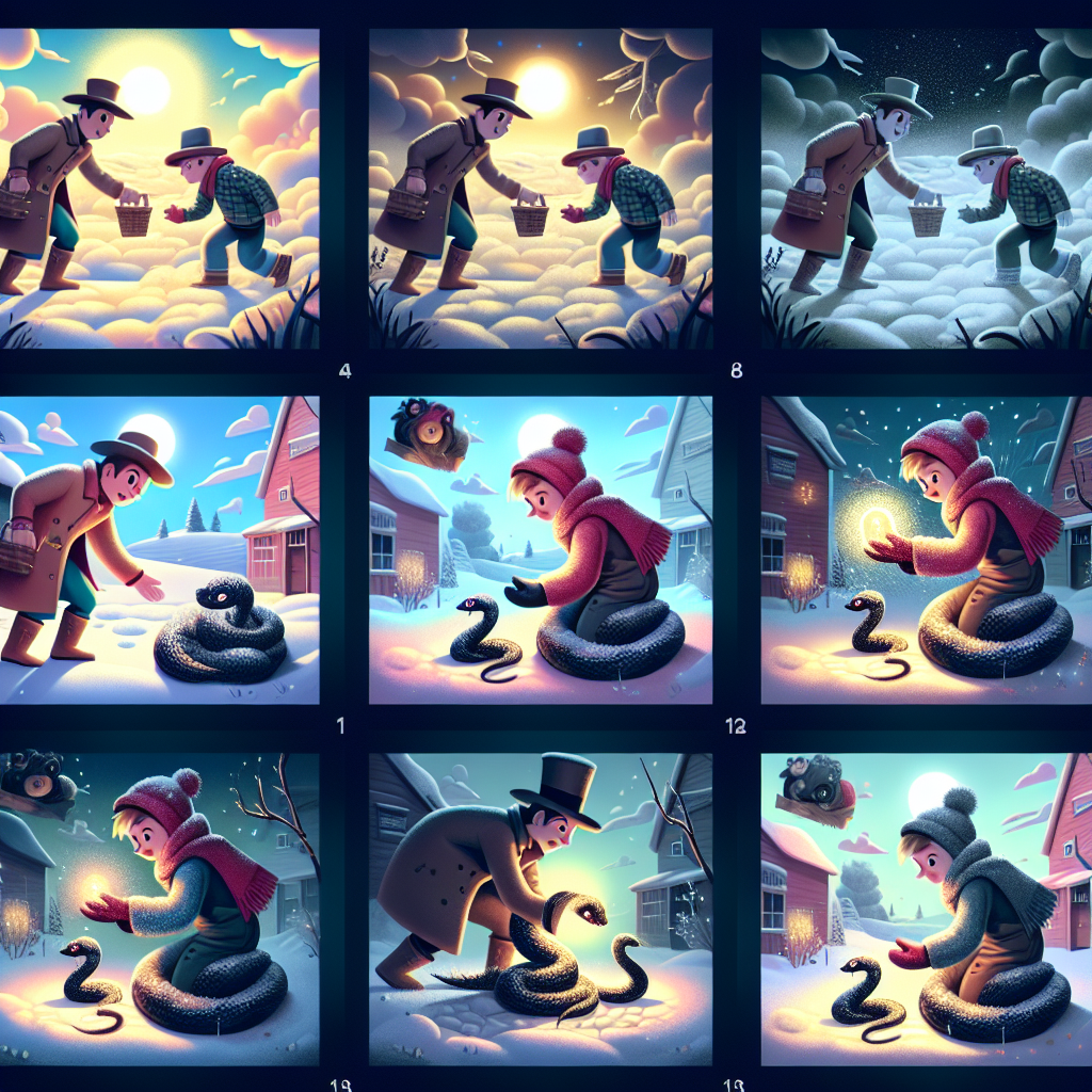 Colorful cartoon storyboard showing 8 key scenes from The Farmer and the Viper