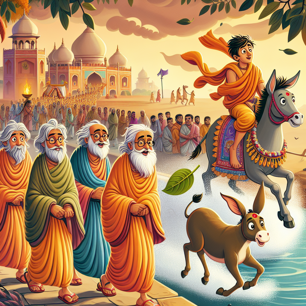Colorful children's illustration for the story: The Four Brahmins