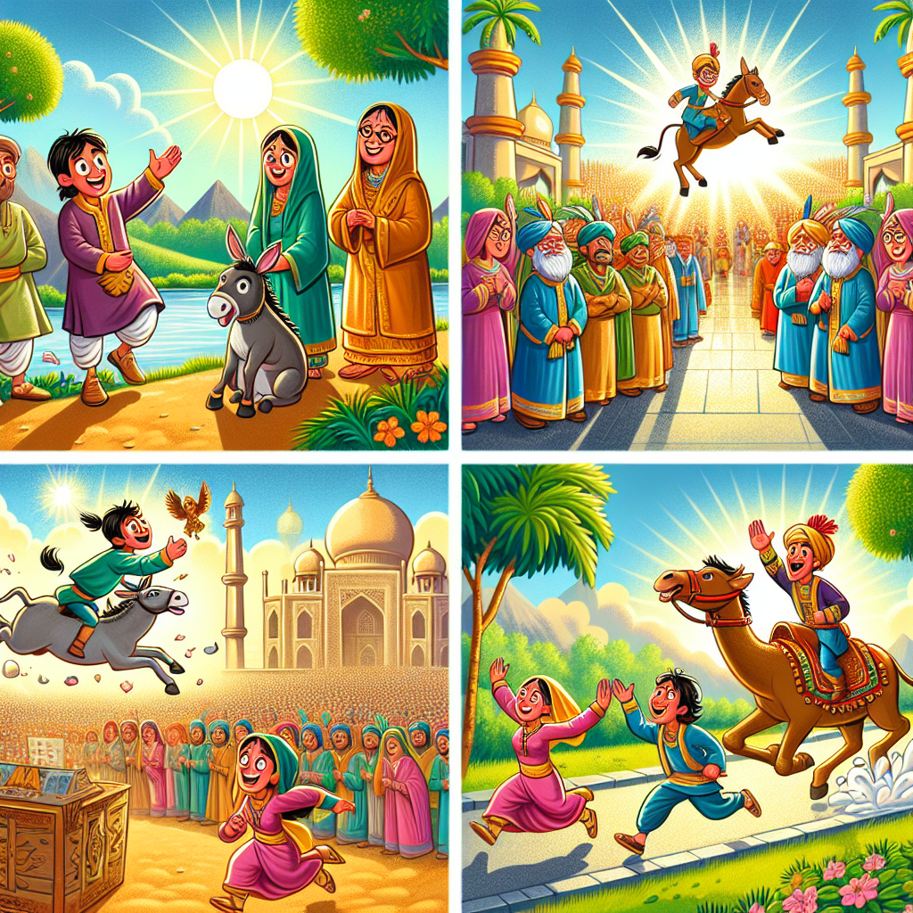 Colorful cartoon storyboard showing 8 key scenes from The Four Brahmins