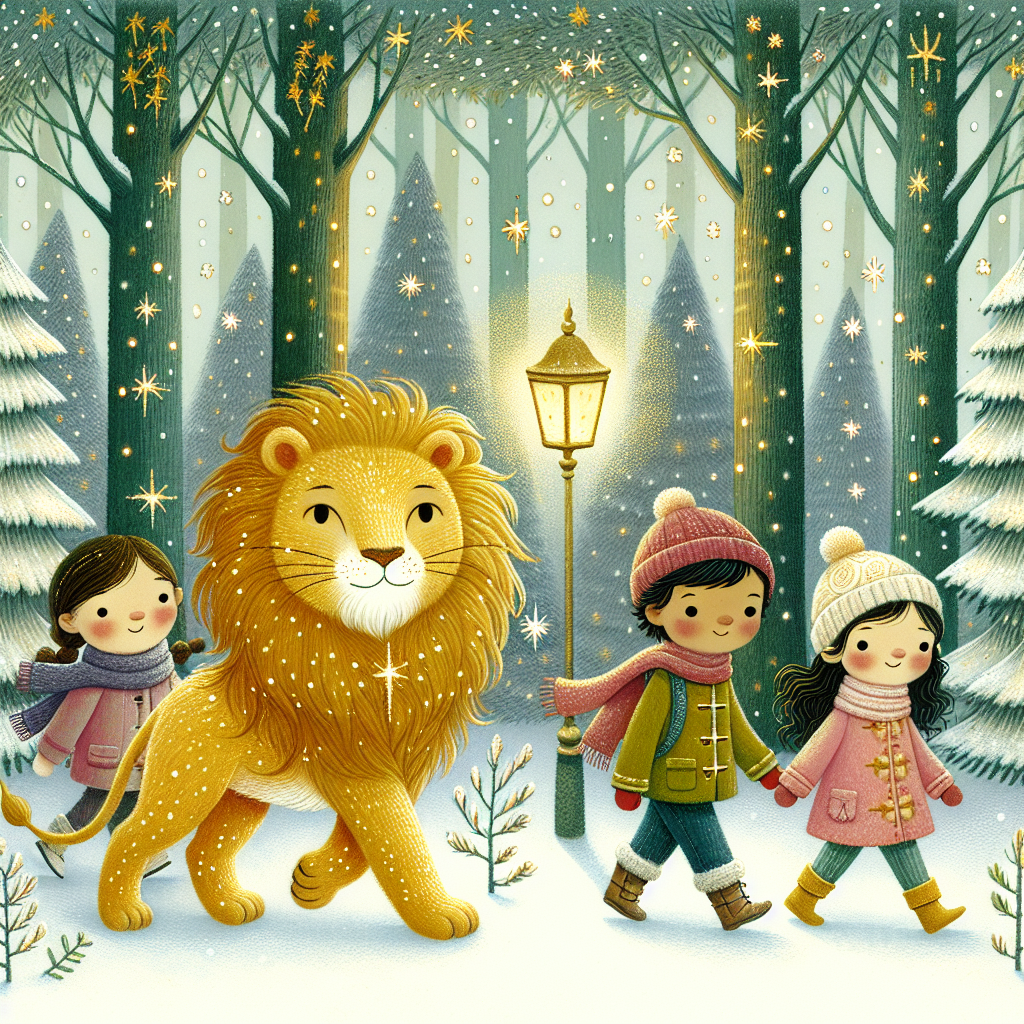 Colorful children's illustration for the story: The Lion, the Witch and the Wardrobe