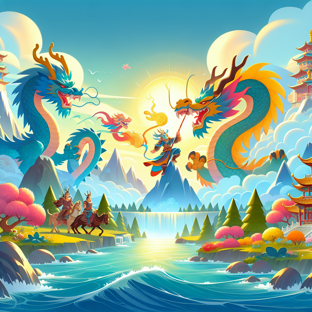 Colorful children's illustration for the story: The Four Dragons