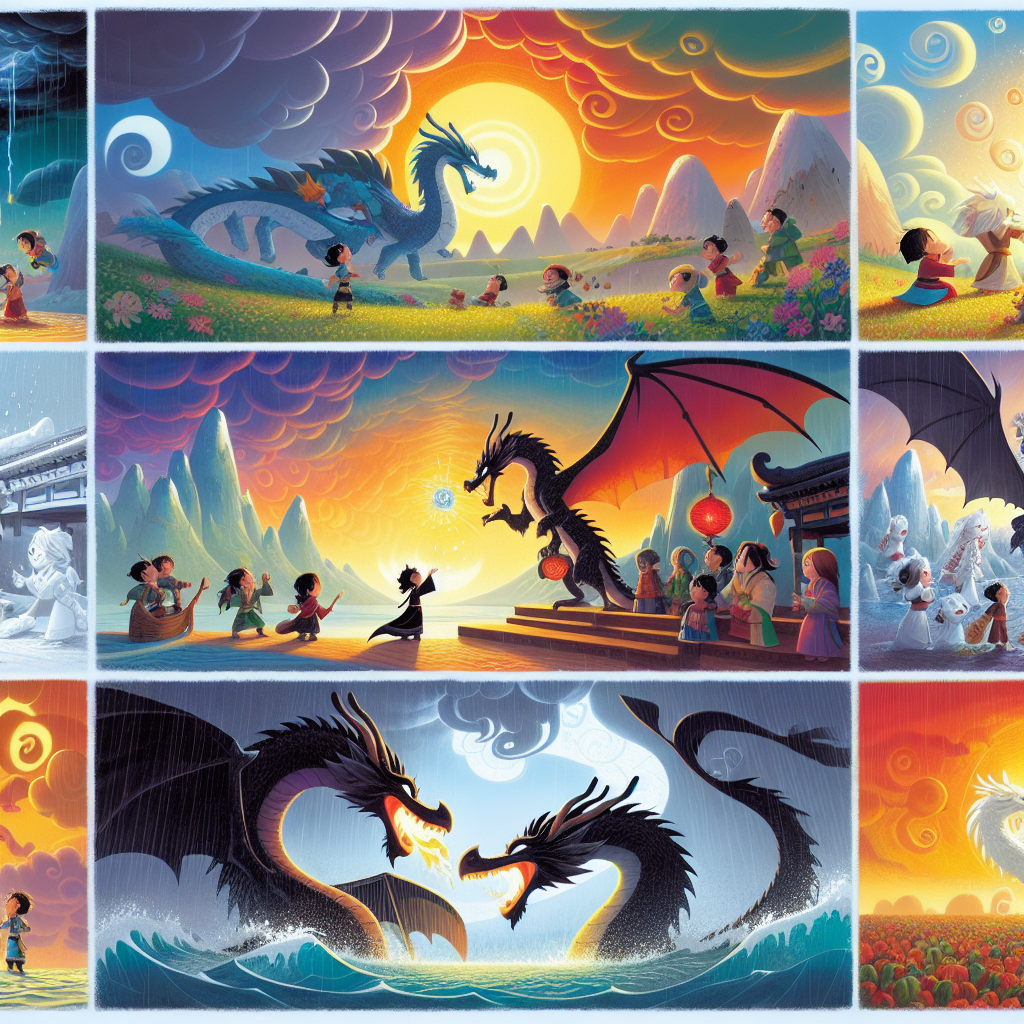 Colorful cartoon storyboard showing 8 key scenes from The Four Dragons