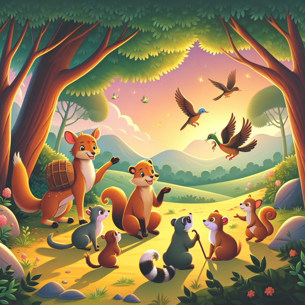 Colorful children's illustration for the story: The Four Friends