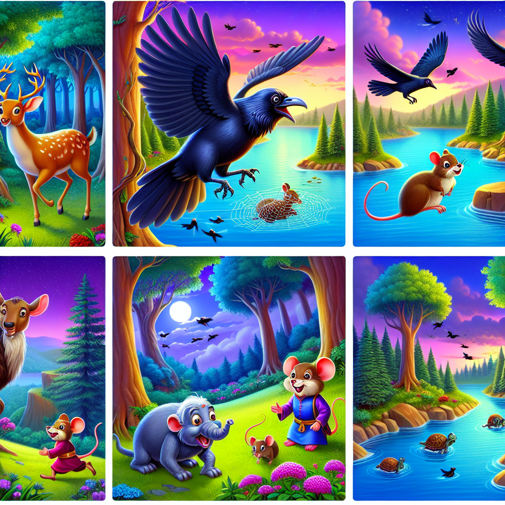 Colorful cartoon storyboard showing 8 key scenes from The Four Friends