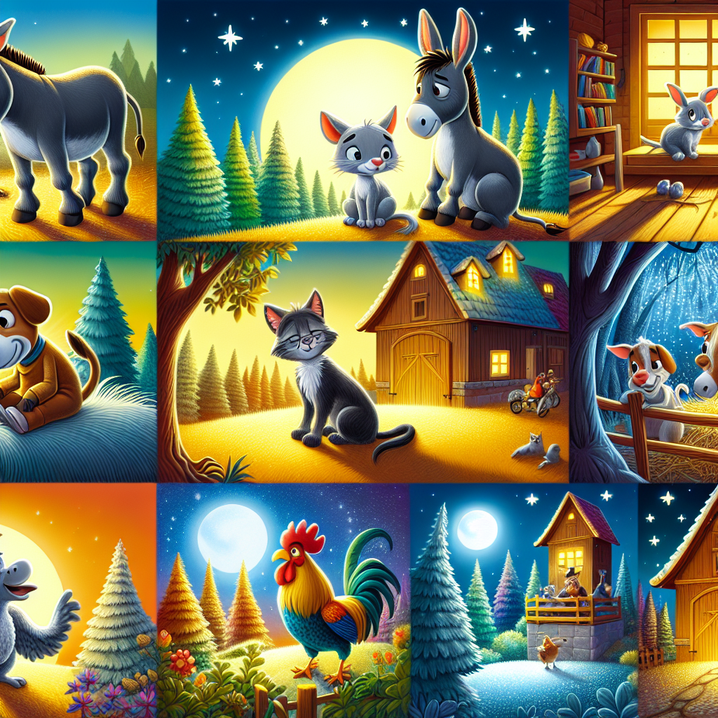 Colorful cartoon storyboard showing 8 key scenes from The Bremen Town Musicians