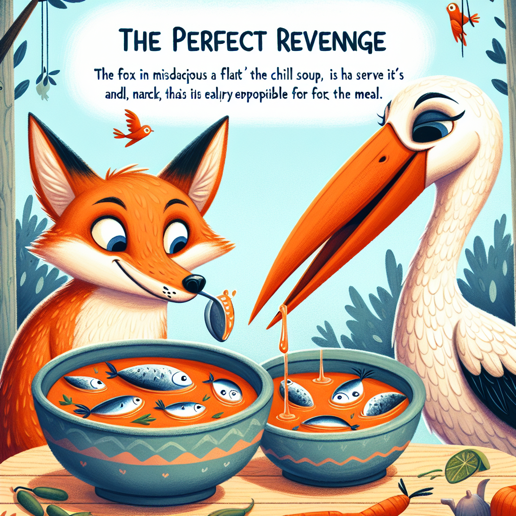 Colorful children's illustration for the story: The Fox and the Stork
