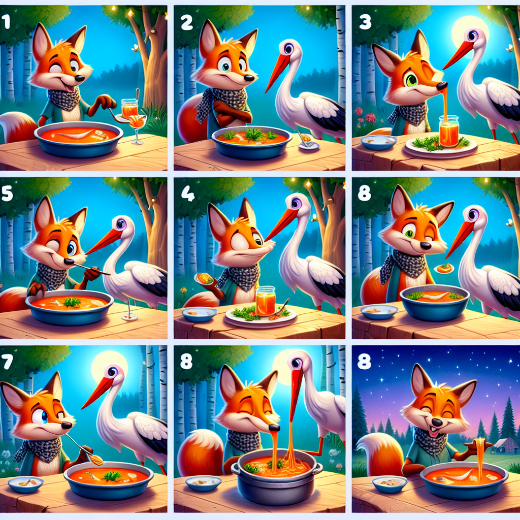 Colorful cartoon storyboard showing 8 key scenes from The Fox and the Stork