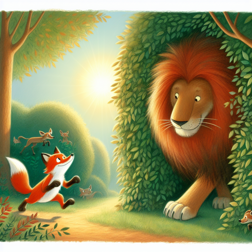 Colorful children's illustration for the story: The Fox and the Lion