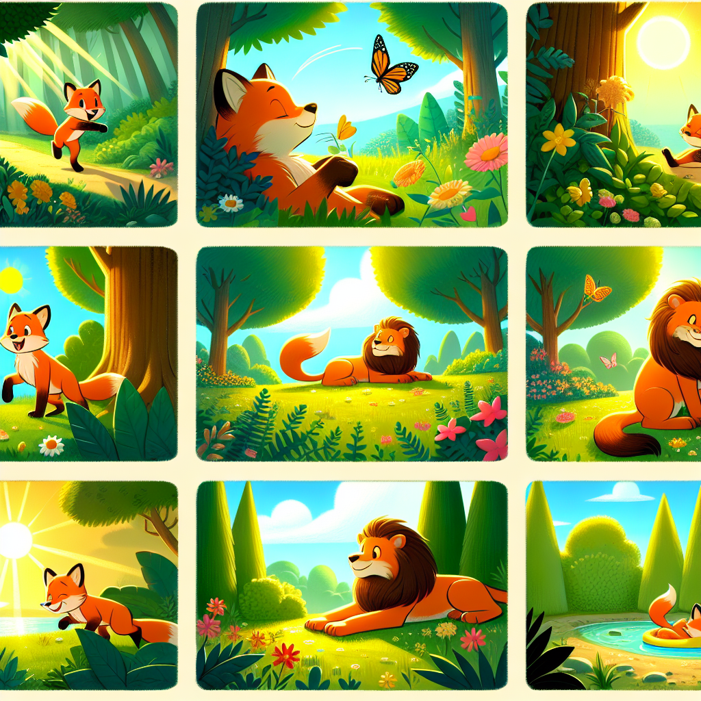 Colorful cartoon storyboard showing 8 key scenes from The Fox and the Lion