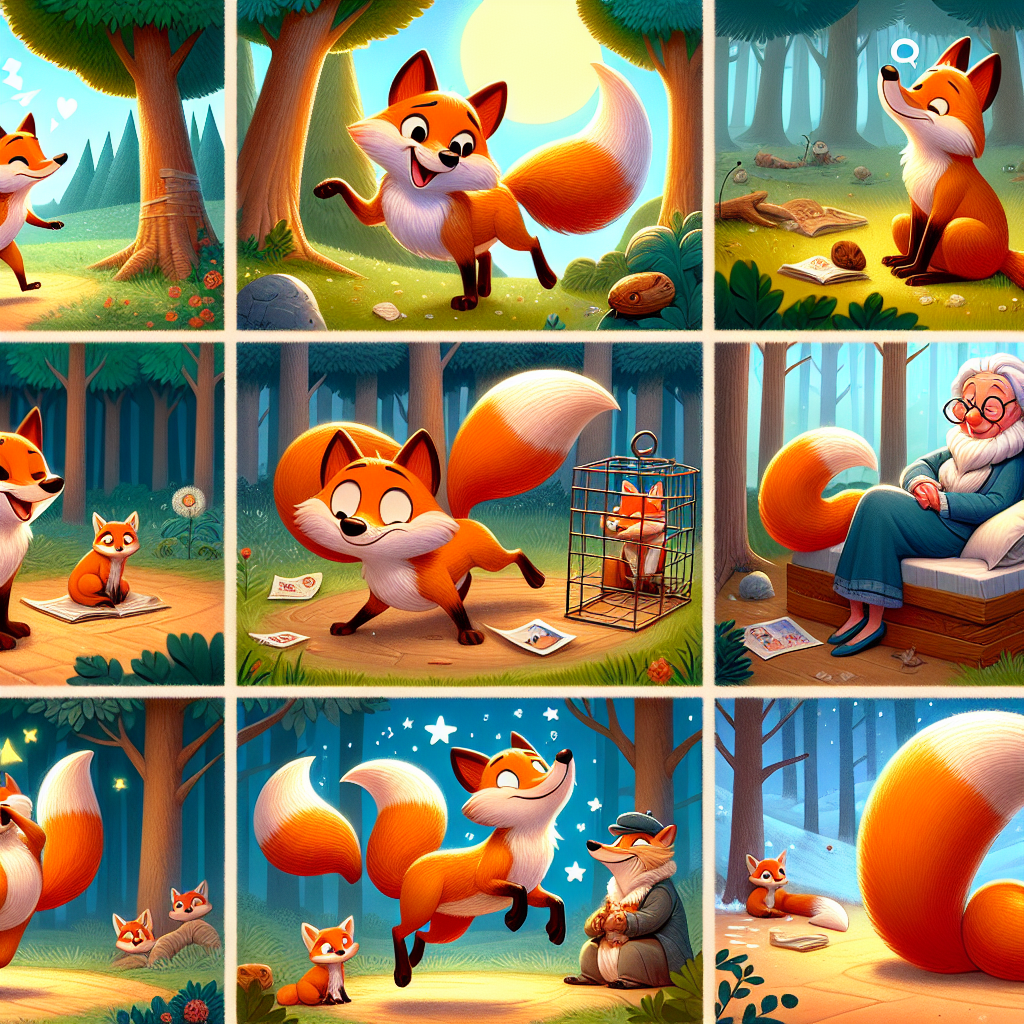 Colorful cartoon storyboard showing 8 key scenes from The Fox and His Tail