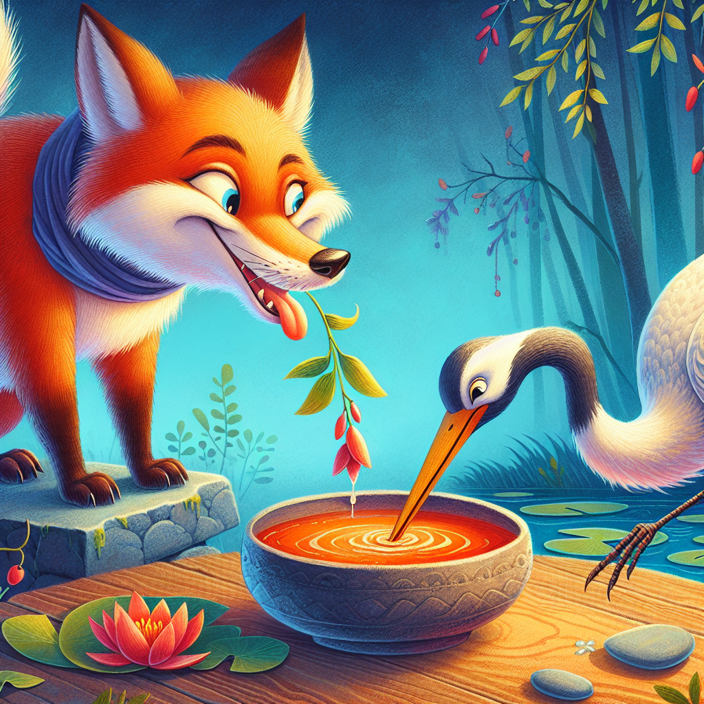 Colorful children's illustration for the story: The Fox and the Crane