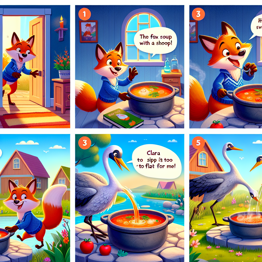 Colorful cartoon storyboard showing 8 key scenes from The Fox and the Crane