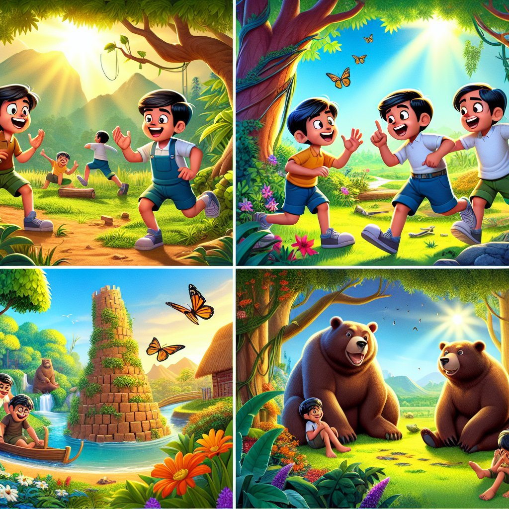 Colorful cartoon storyboard showing 8 key scenes from The Friend in the Tree