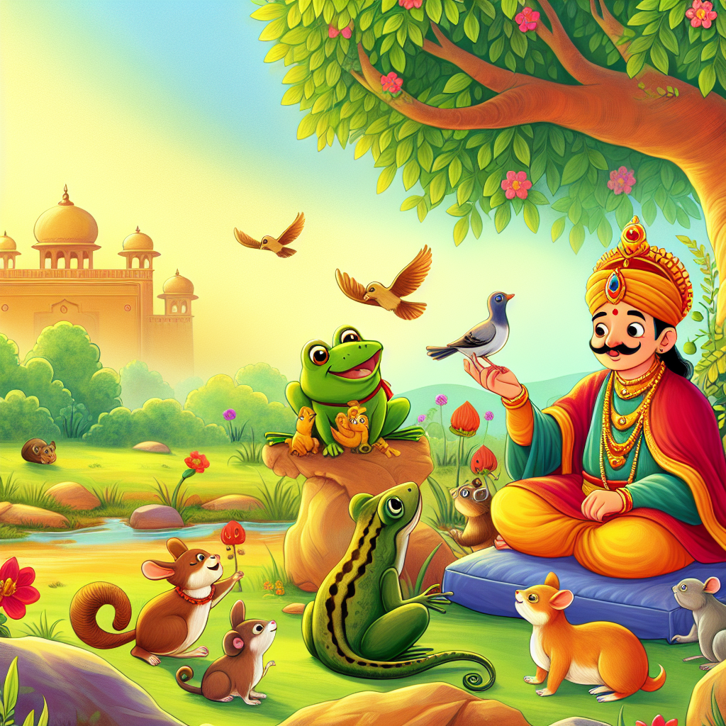 Colorful children's illustration for the story: The Frog and the Cobra