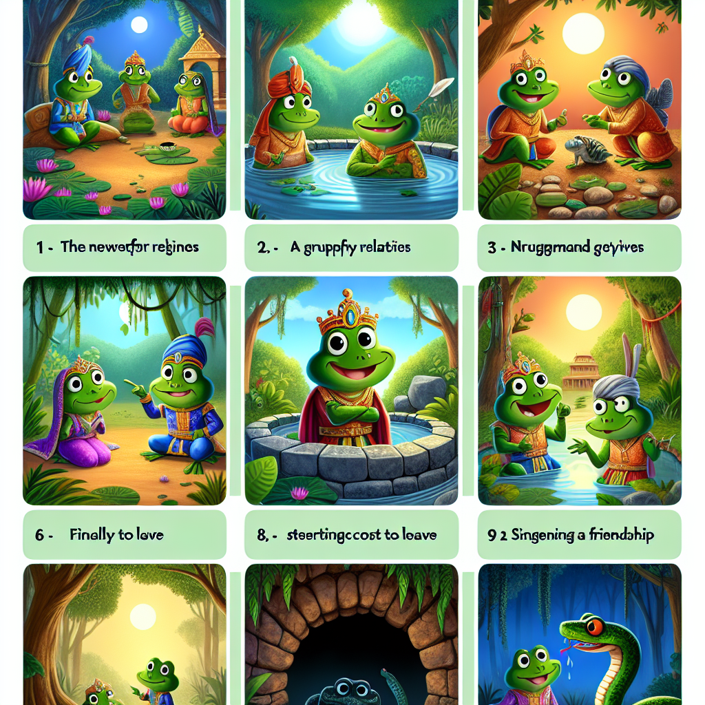 Colorful cartoon storyboard showing 8 key scenes from The Frog and the Cobra