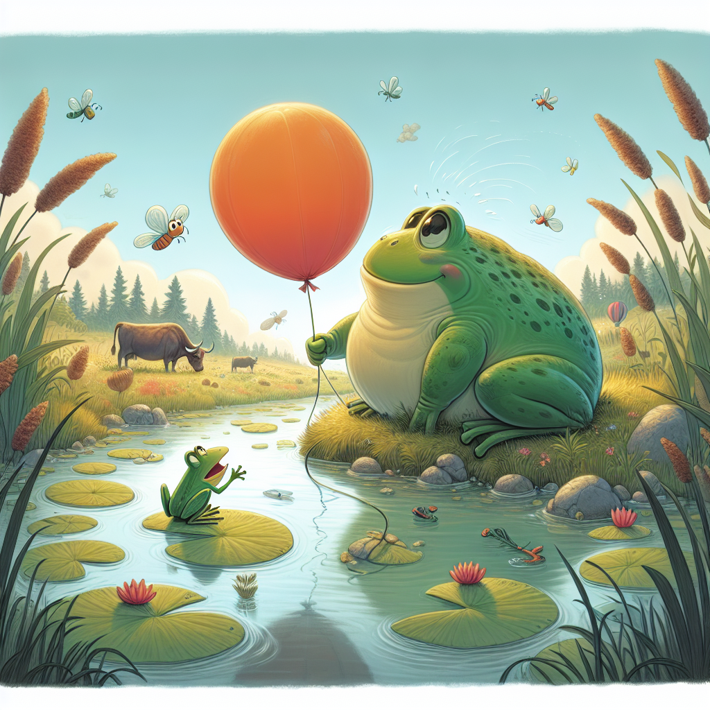 Colorful children's illustration for the story: The Frog and the Ox