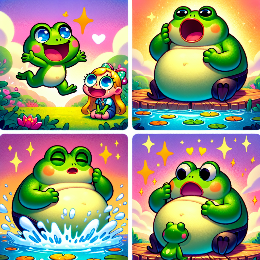 Colorful cartoon storyboard showing 8 key scenes from The Frog and the Ox