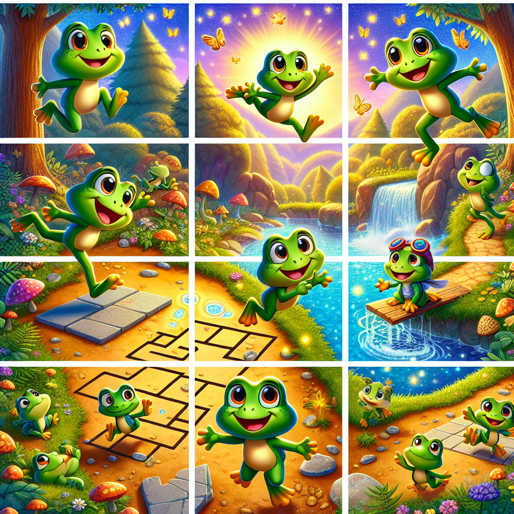 Colorful cartoon storyboard showing 8 key scenes from The Determined Frog