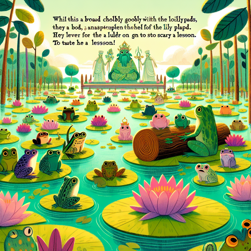Colorful children's illustration for the story: The Frogs Who Asked for a King