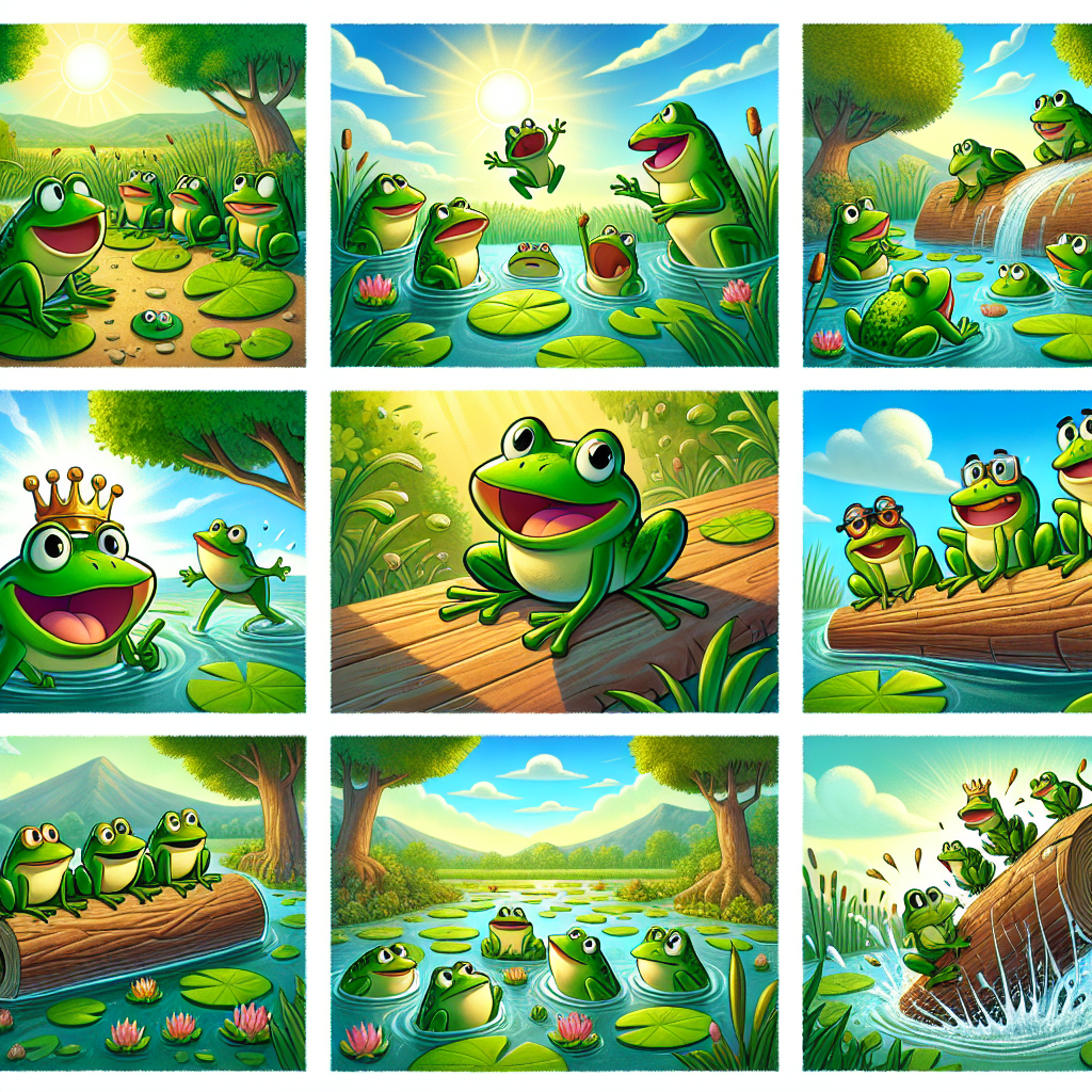 Colorful cartoon storyboard showing 8 key scenes from The Frogs Who Asked for a King