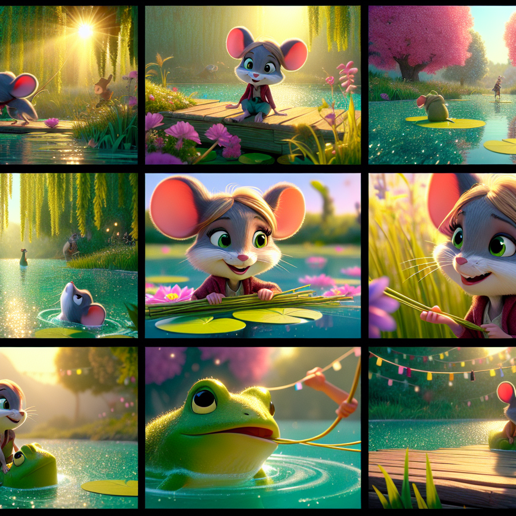Colorful cartoon storyboard showing 8 key scenes from The Frog and the Mouse