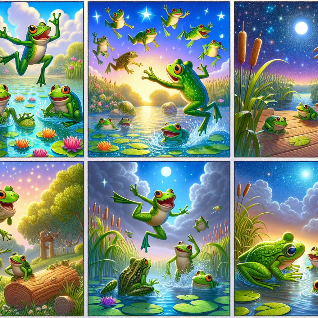 Colorful cartoon storyboard showing 8 key scenes from The Frogs Who Desired a King