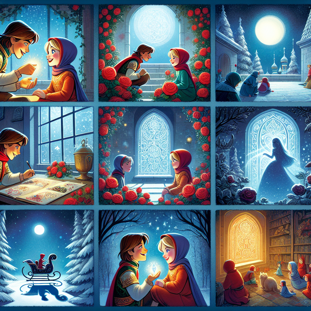 Colorful cartoon storyboard showing 8 key scenes from The Snow Queen