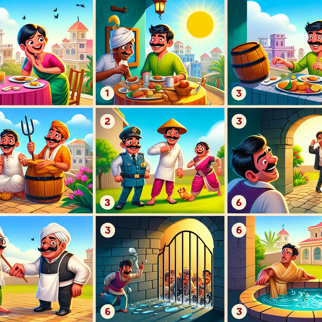 Colorful cartoon storyboard showing 8 key scenes from The Thieves and the Treasure