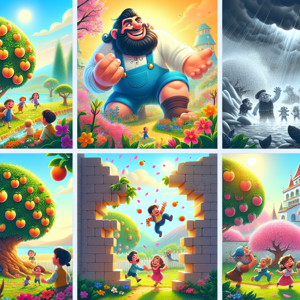 Colorful cartoon storyboard showing 8 key scenes from The Garden That Longed for Children