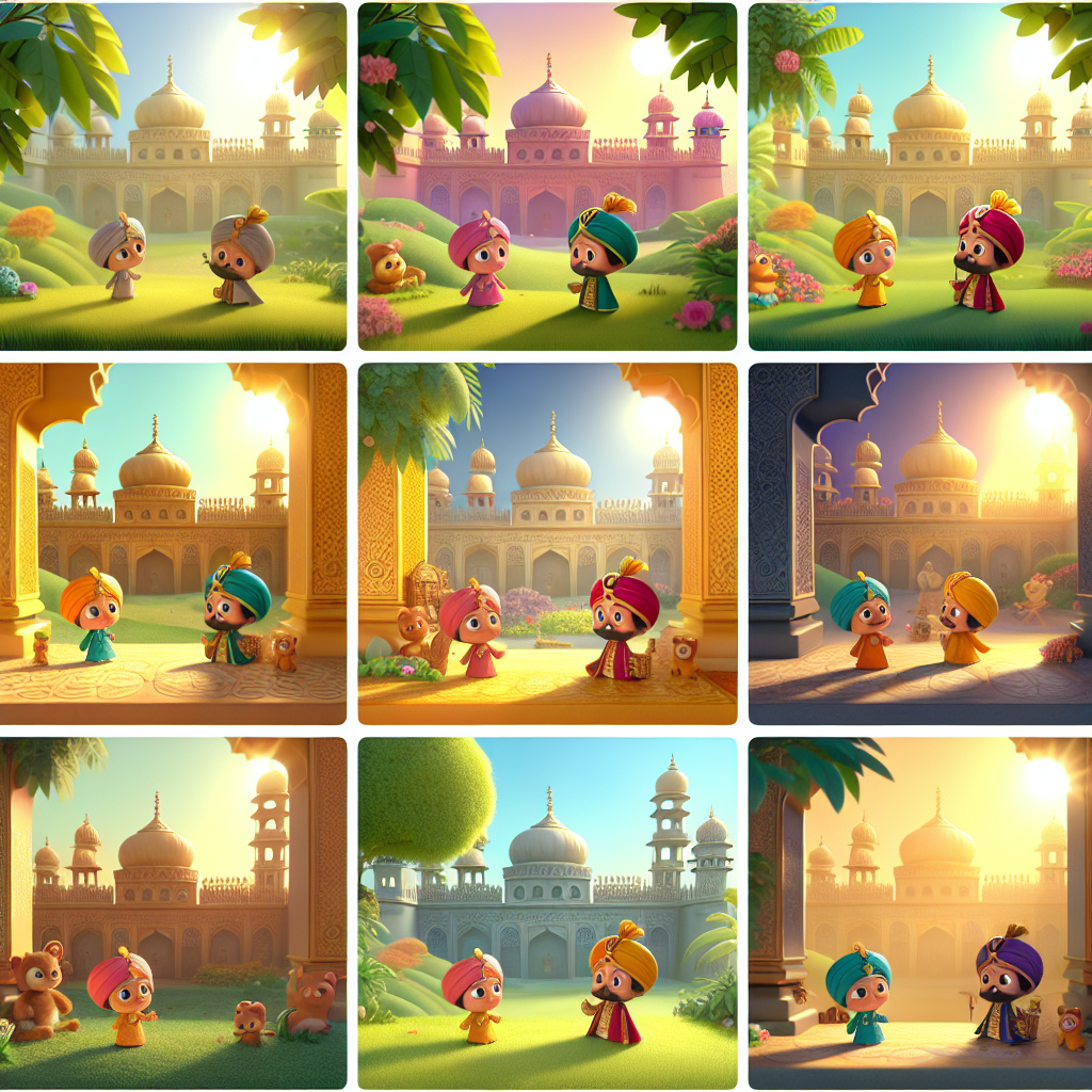 Colorful cartoon storyboard showing 8 key scenes from The Gardener and the Emperor