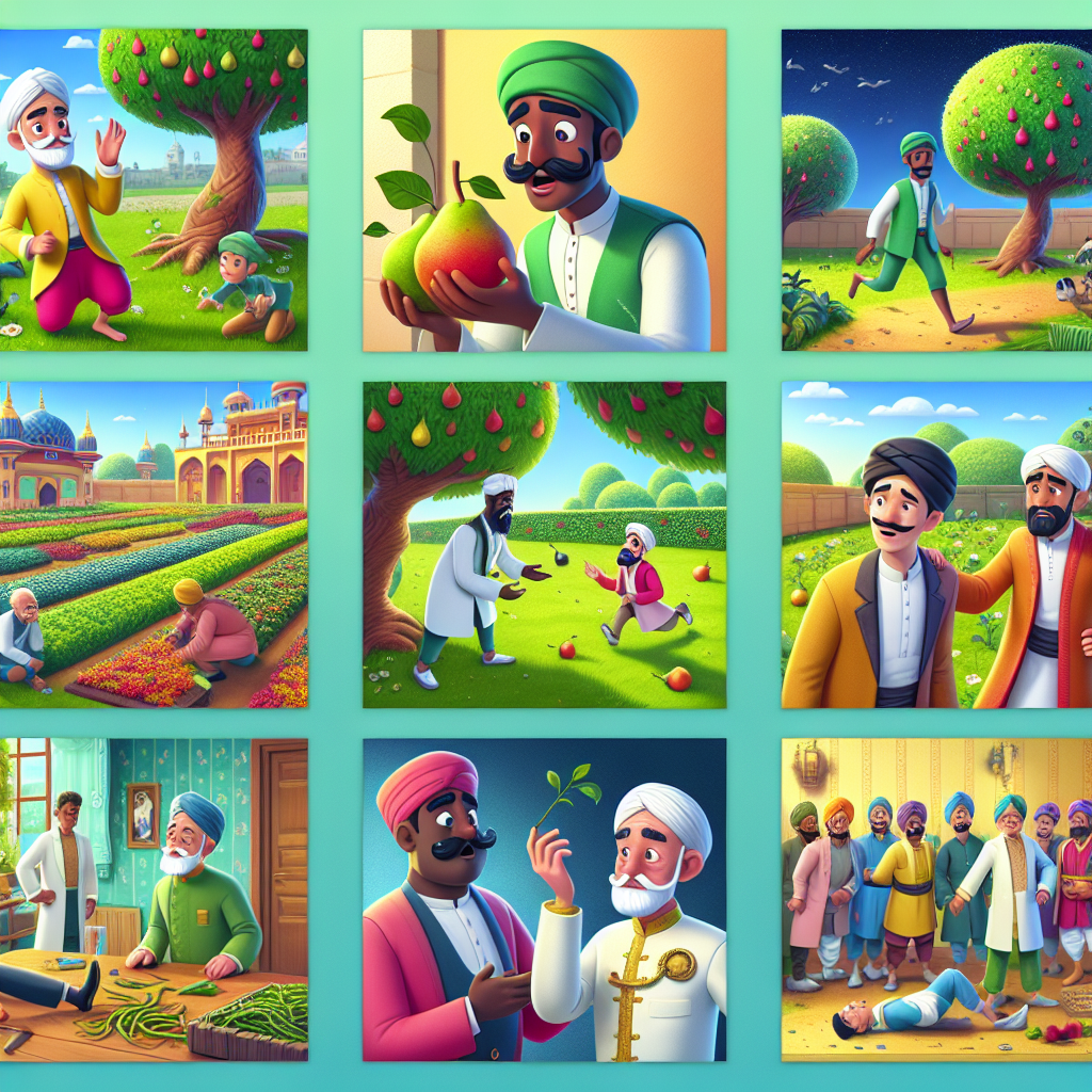 Colorful cartoon storyboard showing 8 key scenes from The Gardener's Lost Treasure