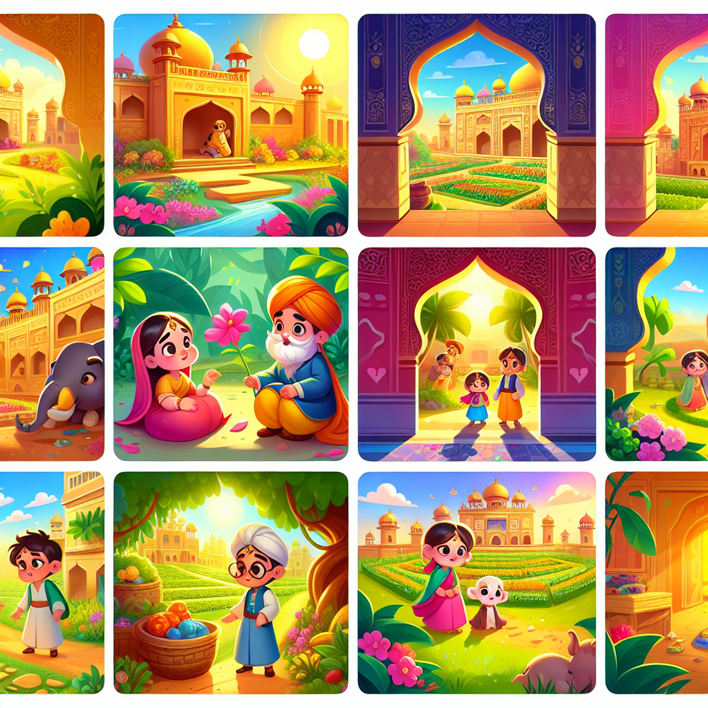 Colorful cartoon storyboard showing 8 key scenes from The Gardener's Loyalty