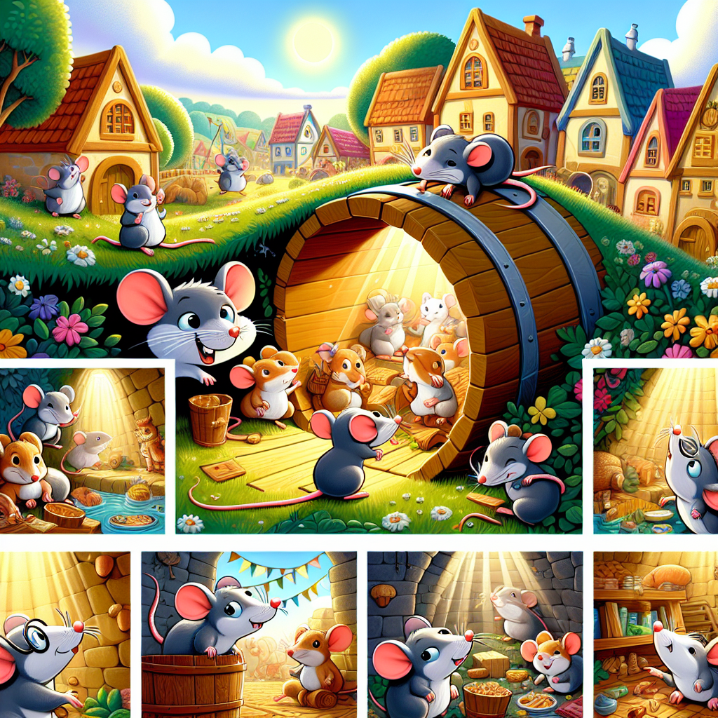 Colorful cartoon storyboard showing 8 key scenes from The Mice and the Weasels