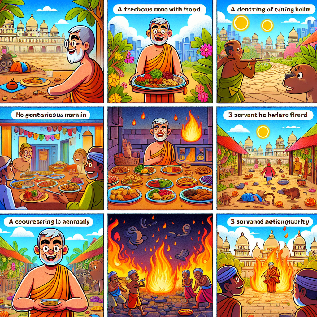 Colorful cartoon storyboard showing 8 key scenes from The Generous Man