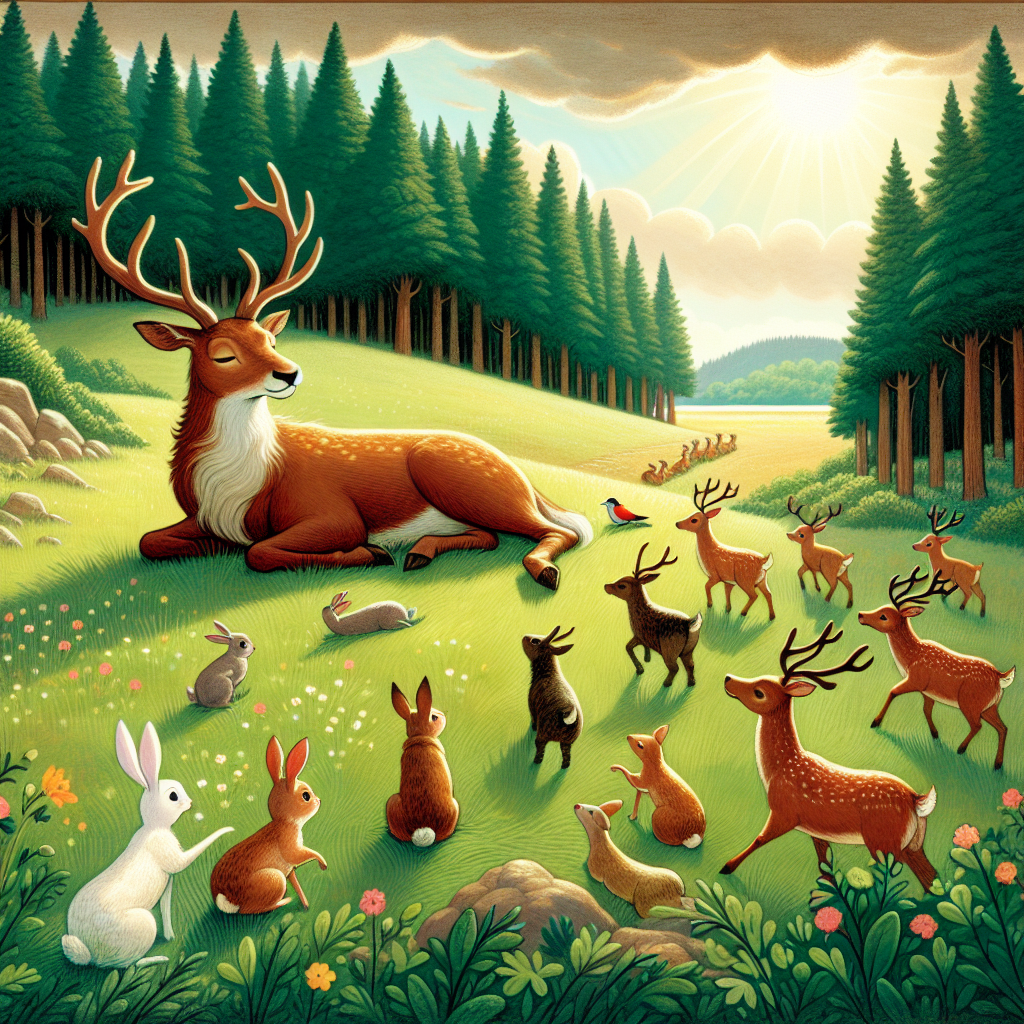 Colorful children's illustration for the story: The Stag at the Pool
