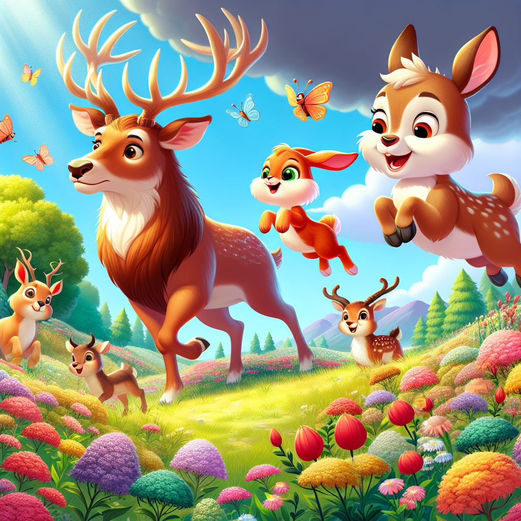 Colorful cartoon storyboard showing 8 key scenes from The Stag at the Pool