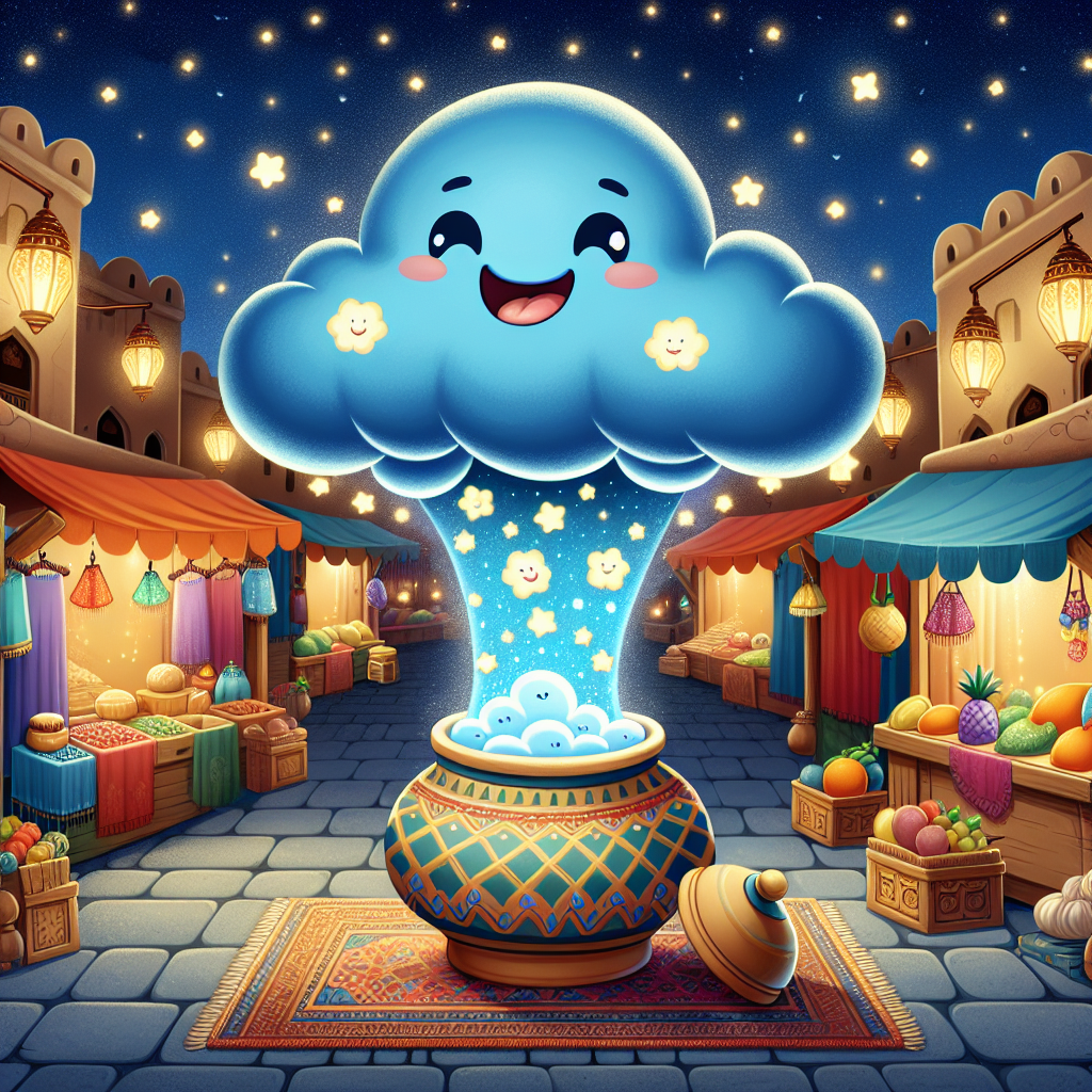 Colorful children's illustration for the story: The Fisherman and the Genie