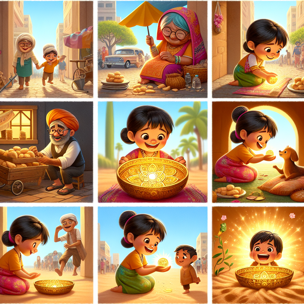 Colorful cartoon storyboard showing 8 key scenes from The Fisherman and the Genie