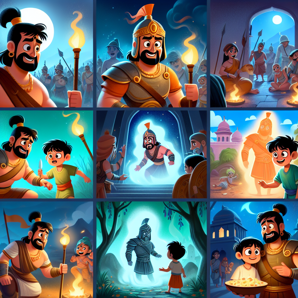 Colorful cartoon storyboard showing 8 key scenes from The Warrior's Armor