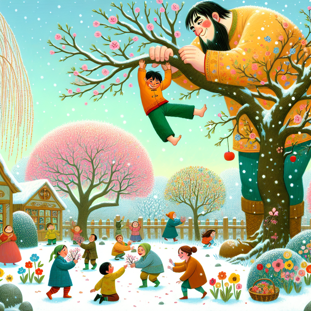 Colorful children's illustration for the story: The Grumpy Giant's Garden